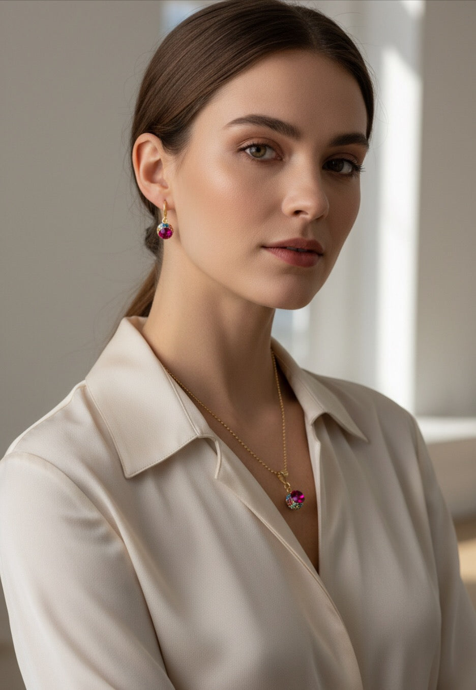 Sparkle Drop Earrings and Pendant Fuchsia/White Mosaic