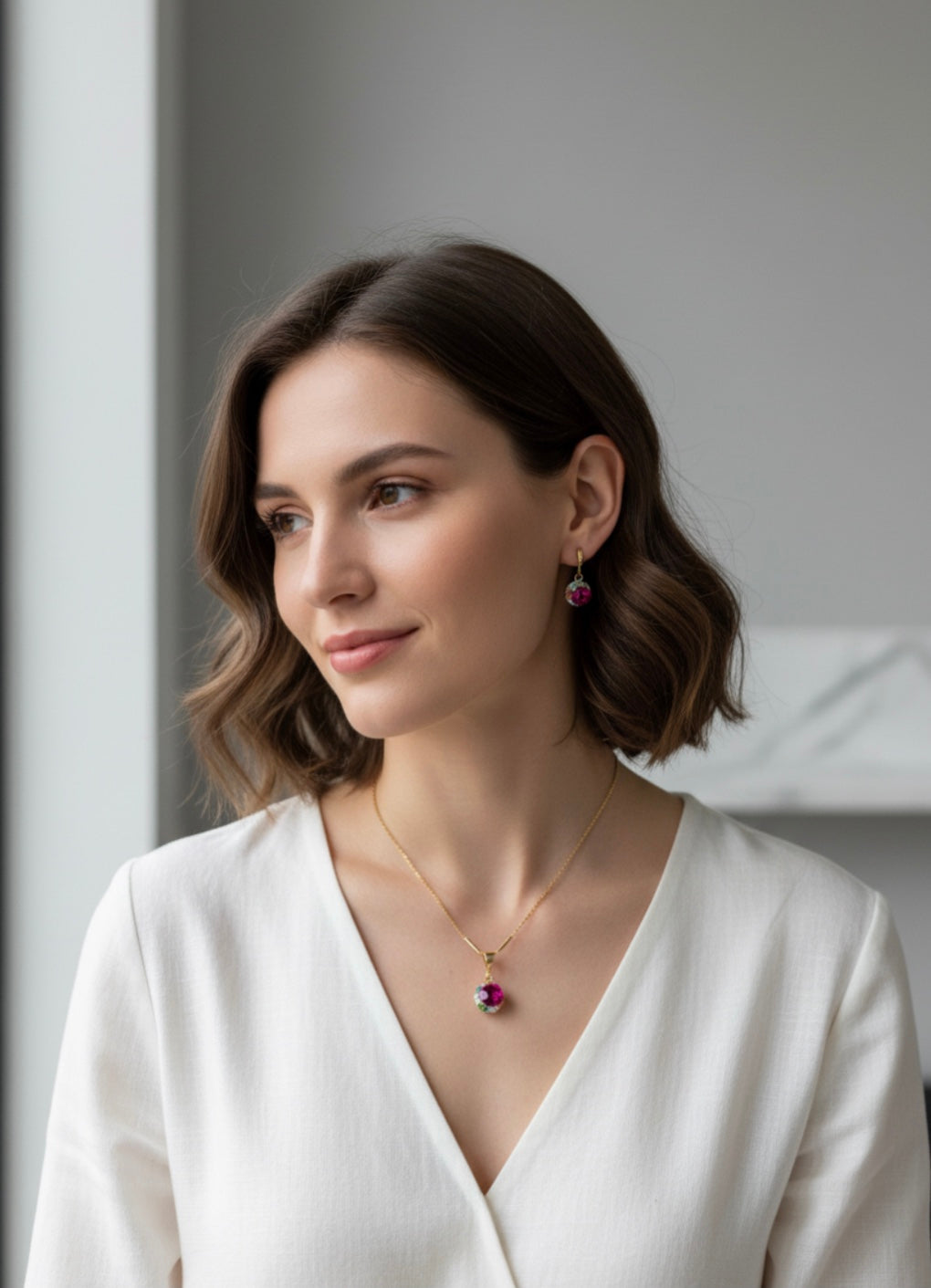 Sparkle Drop Earrings and Pendant Fuchsia/Multicolor