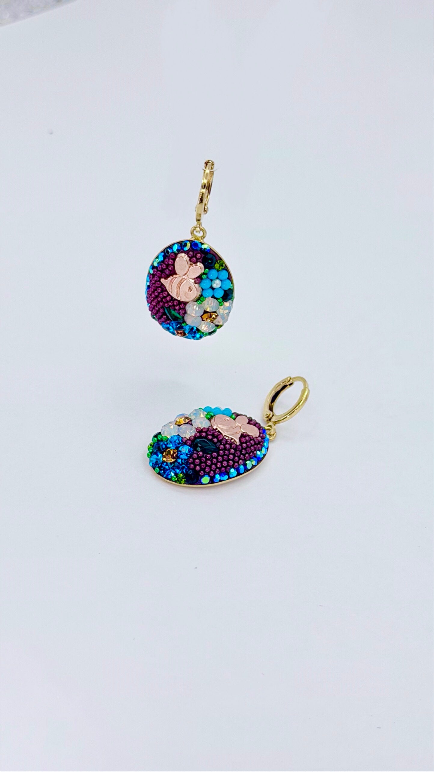 Floral Purple/Teal Crystal  Oval Drop Earrings