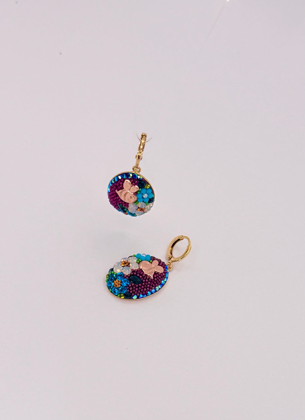 Floral Purple/Teal Crystal  Oval Drop Earrings