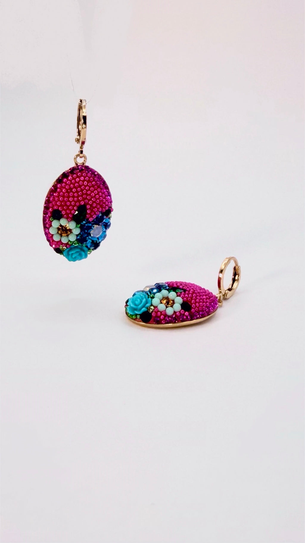 Floral Fuchsia Crystal  Oval Drop Earrings