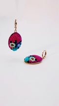 Floral Fuchsia Crystal  Oval Drop Earrings