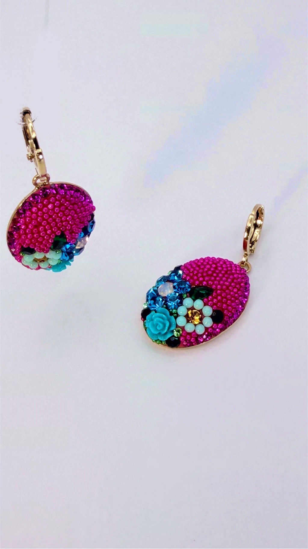 Floral Fuchsia Crystal  Oval Drop Earrings