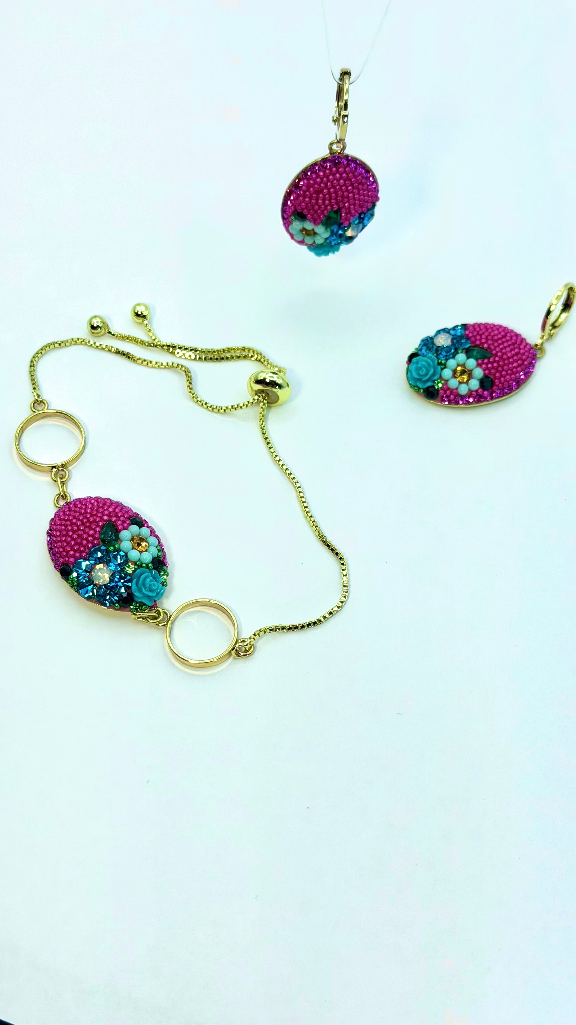 Floral Fuchsia Crystal  Oval Bracelet