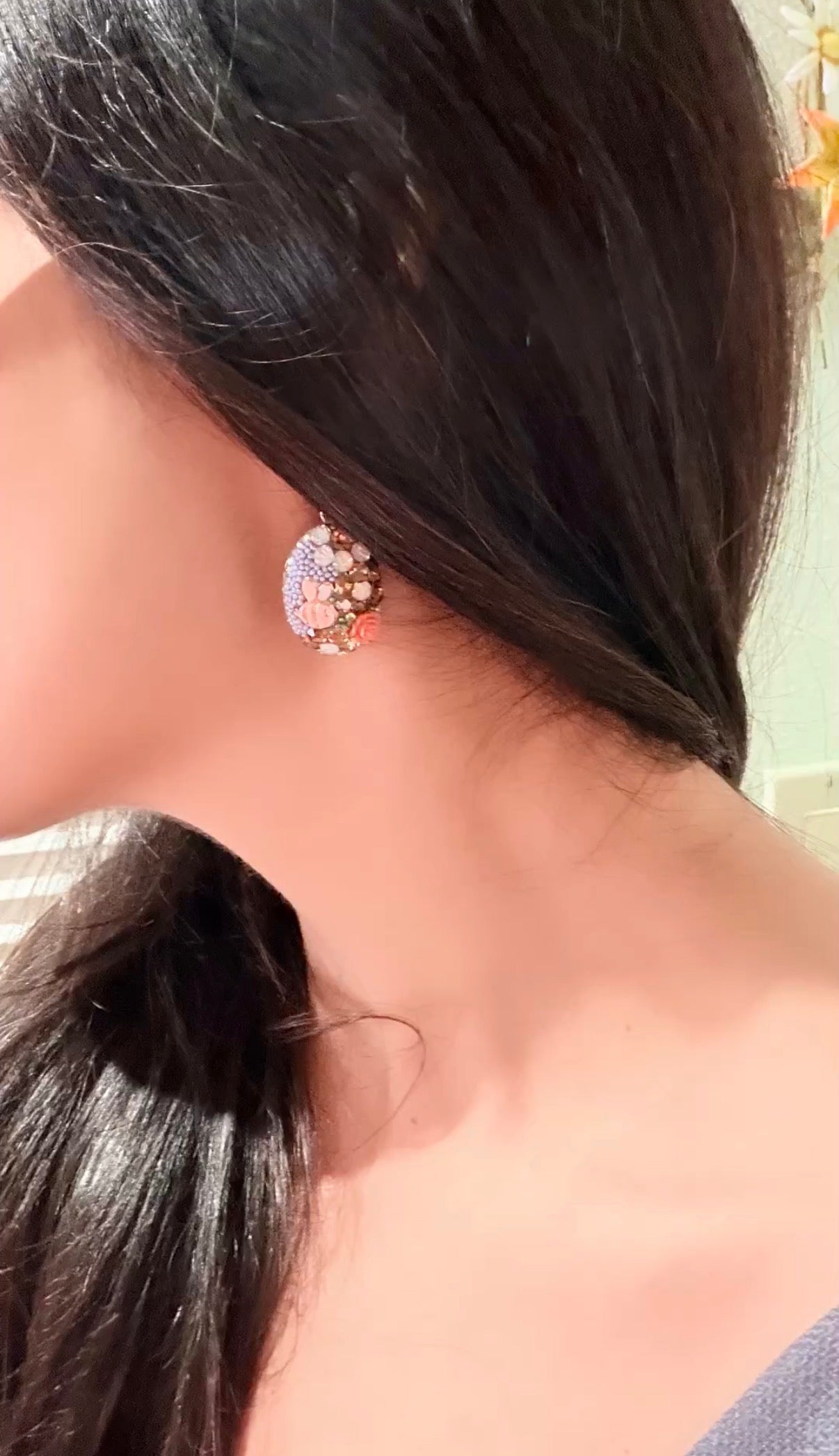 Floral Lilac Crystal  Oval Drop Earrings