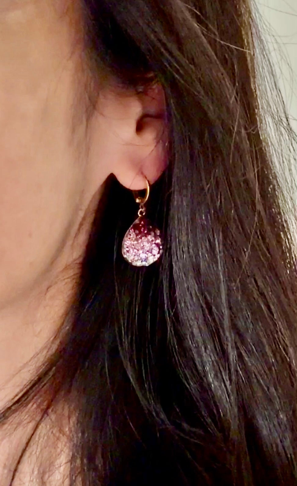 Purple Ombre Crystal Short Tear Drop Earrings
