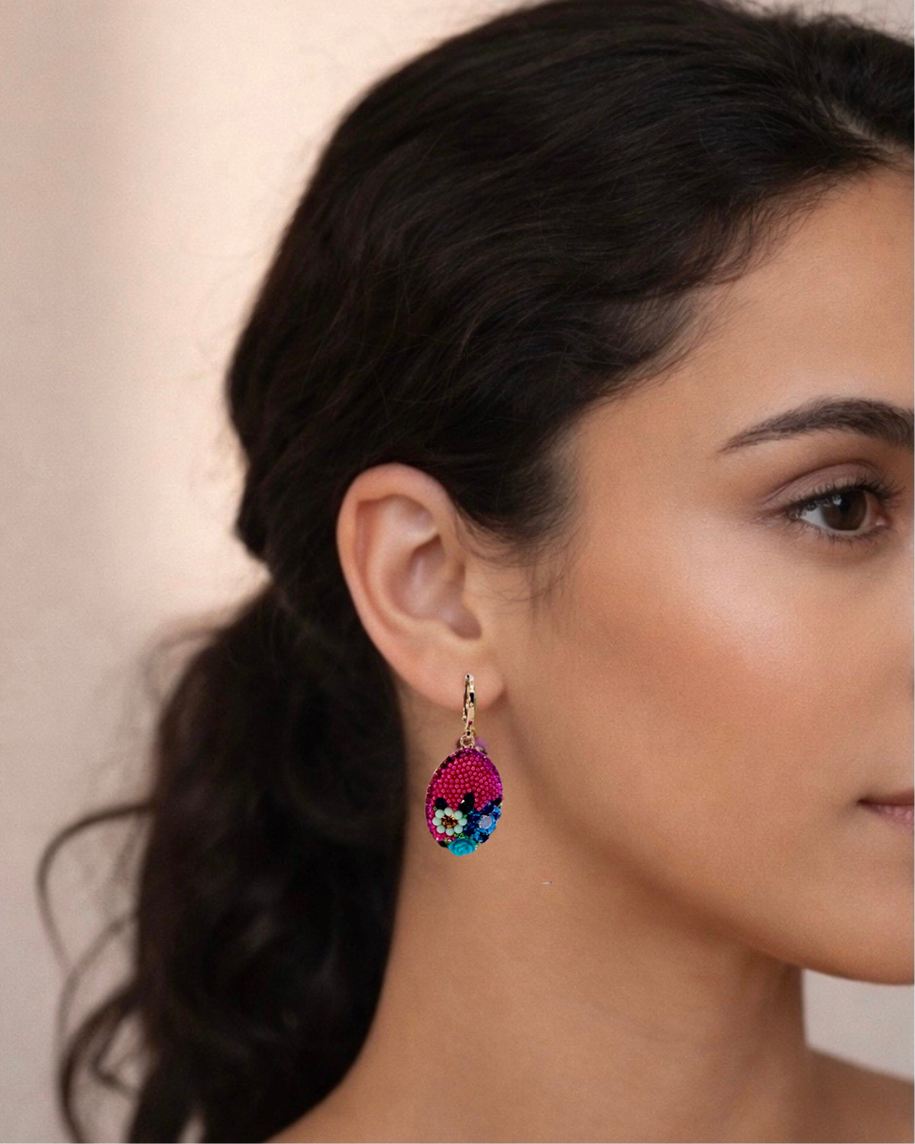 Floral Fuchsia Crystal  Oval Drop Earrings
