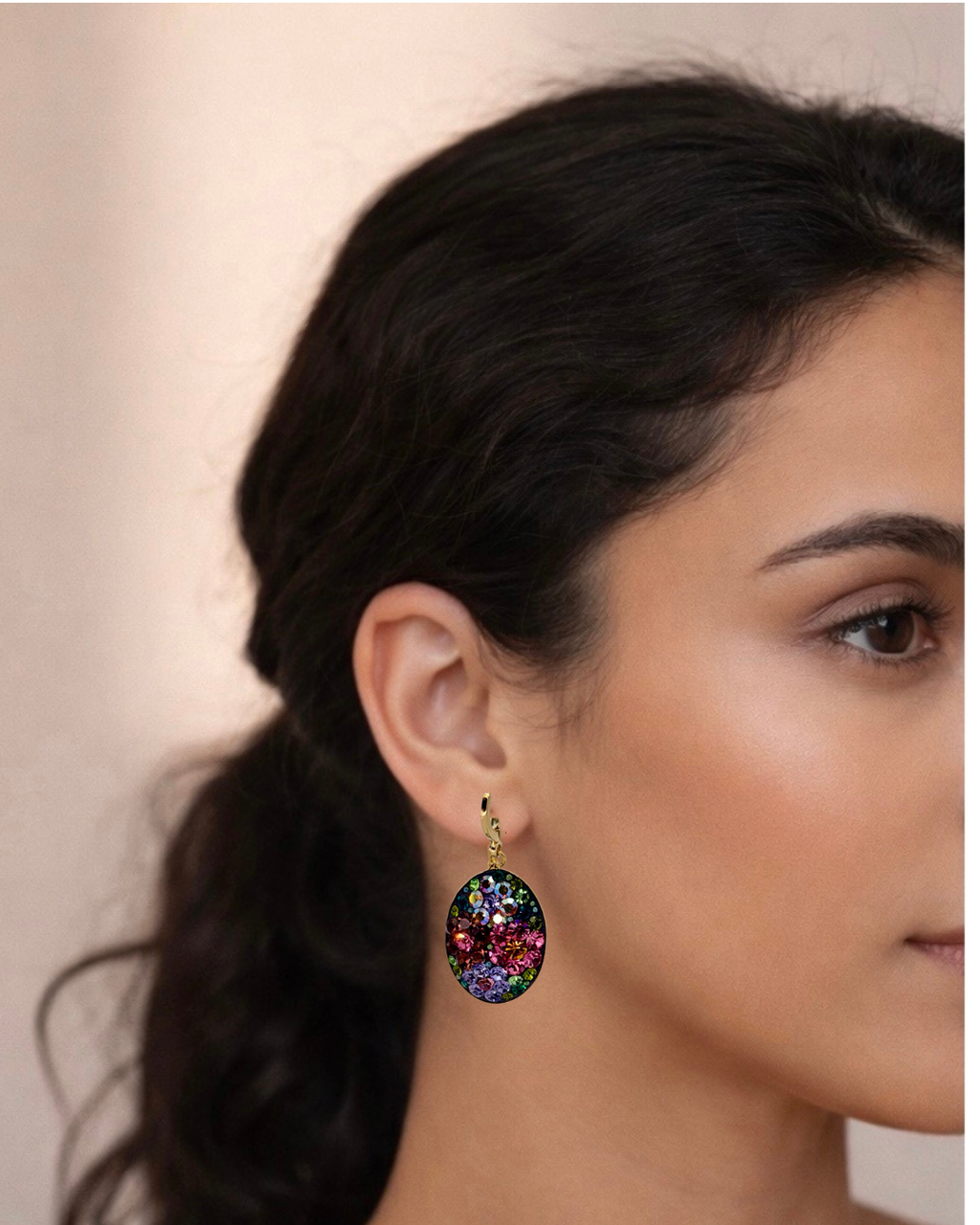 Floral Crystal Oval Drop Earrings