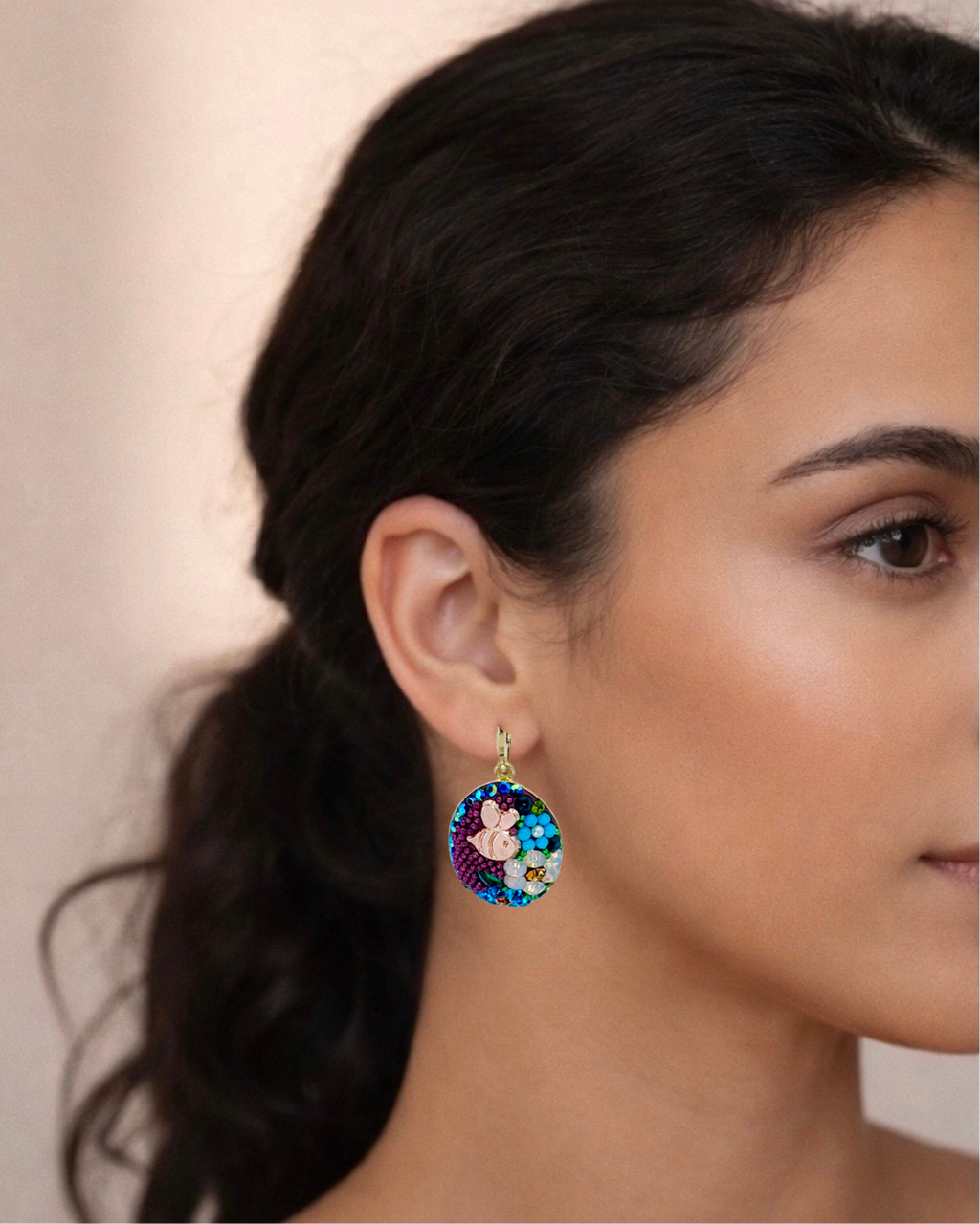 Floral Purple/Teal Crystal  Oval Drop Earrings