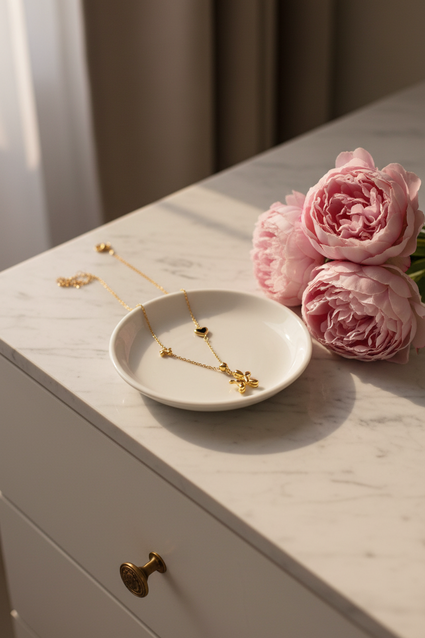 Gold Balloon Dog Necklace - Jewelry Plate & Peonies