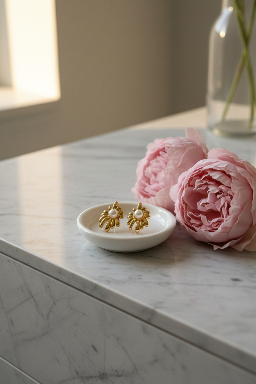 Gold Fan Pearl Earrings - Jewelry Dish & Peonies