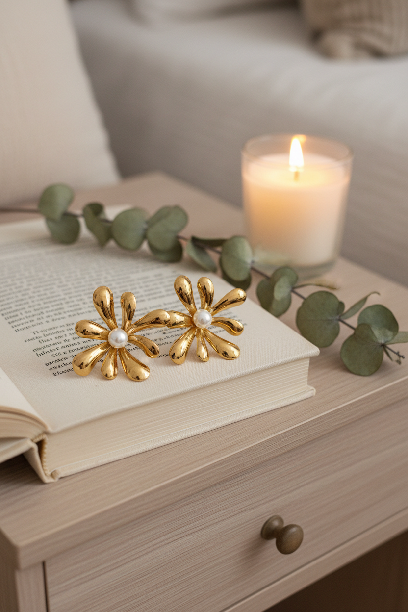 Gold Flower Pearl Earrings - Book & Candle
