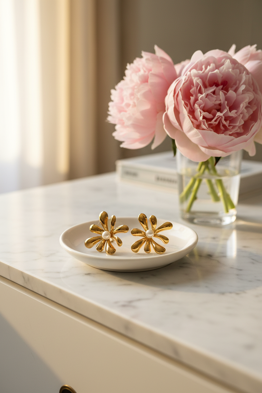 Gold Flower Pearl Earrings - Jewelry Plate & Peonies