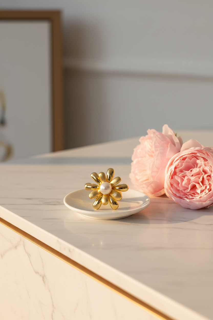 Gold Flower Pearl Ring - Jewelry Plate & Peonies