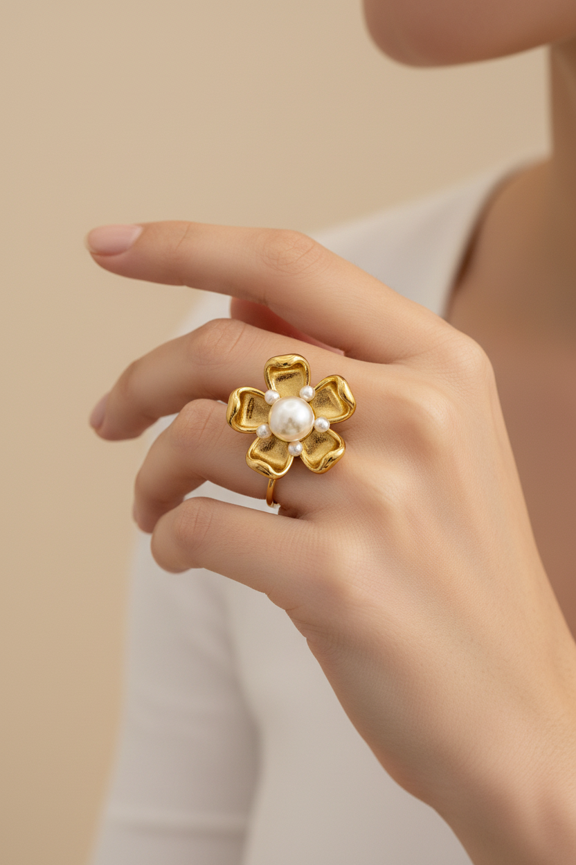 Gold Flower Pearl Ring on Model