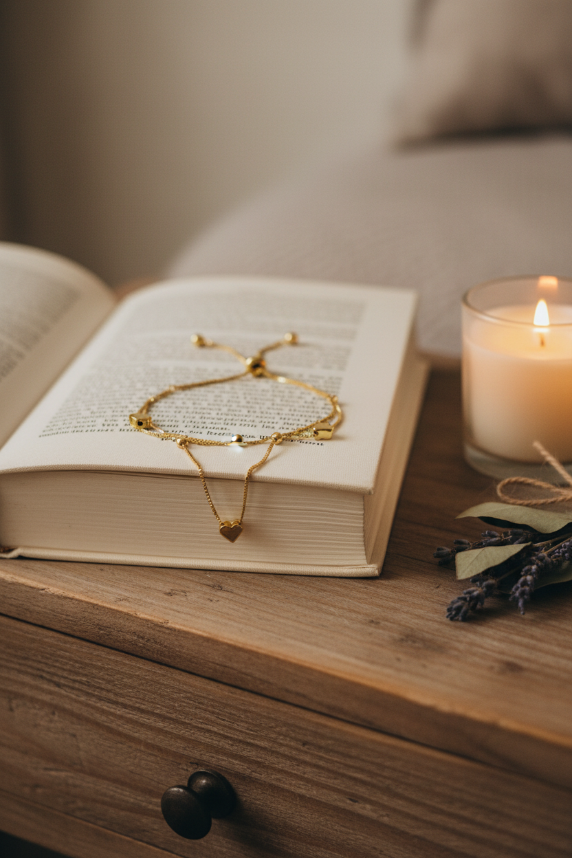 Gold Heart Charm Bracelet - Book & Candle