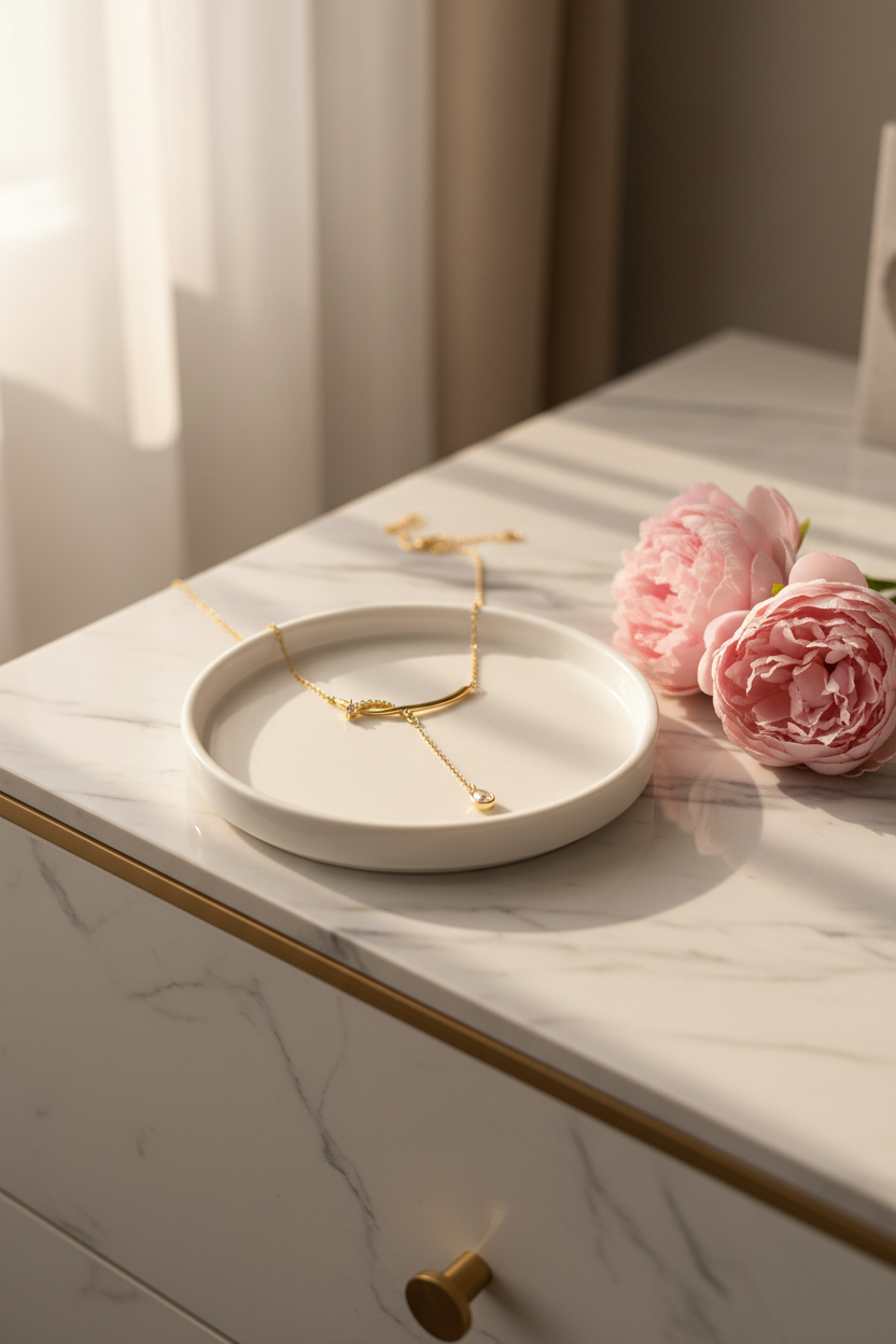 Gold Lariat Necklace - Jewelry Plate & Peonies