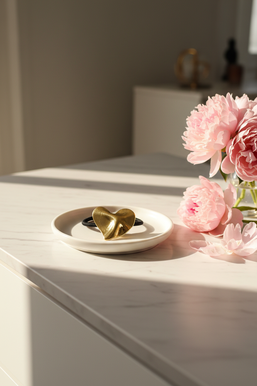 Gold Puffy Heart Hair Tie - Jewelry Plate & Peonies
