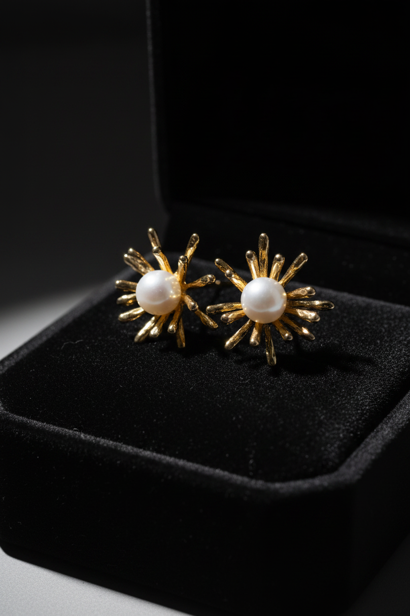 Gold Sunburst Pearl Earrings - Black Velvet