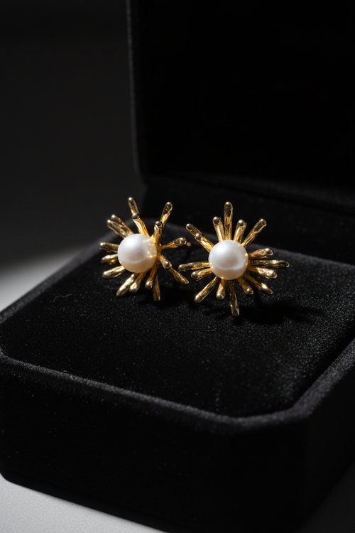 Gold Sunburst Pearl Earrings - Black Velvet