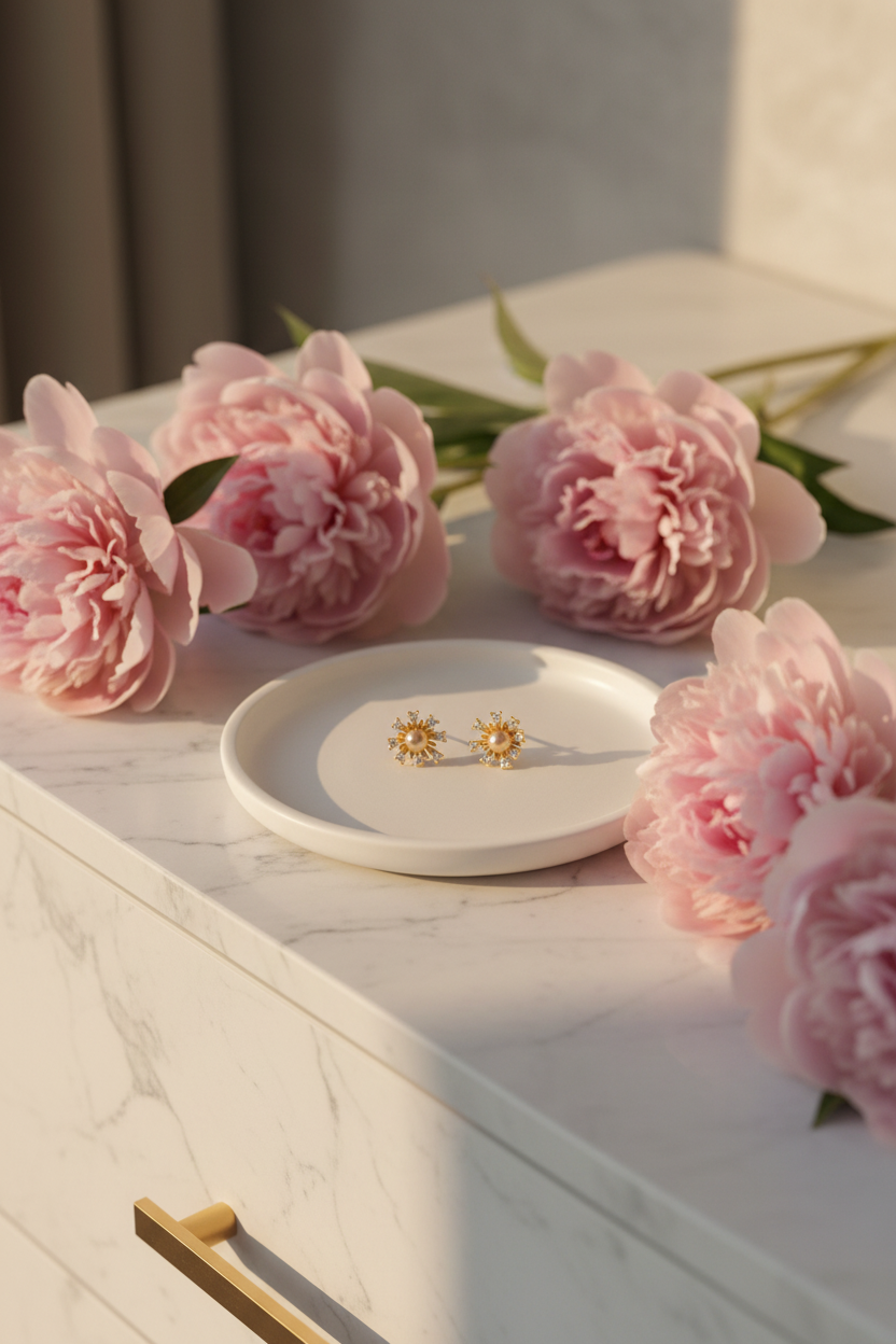 Gold Sunburst Pearl Earrings - Jewelry Plate & Peonies