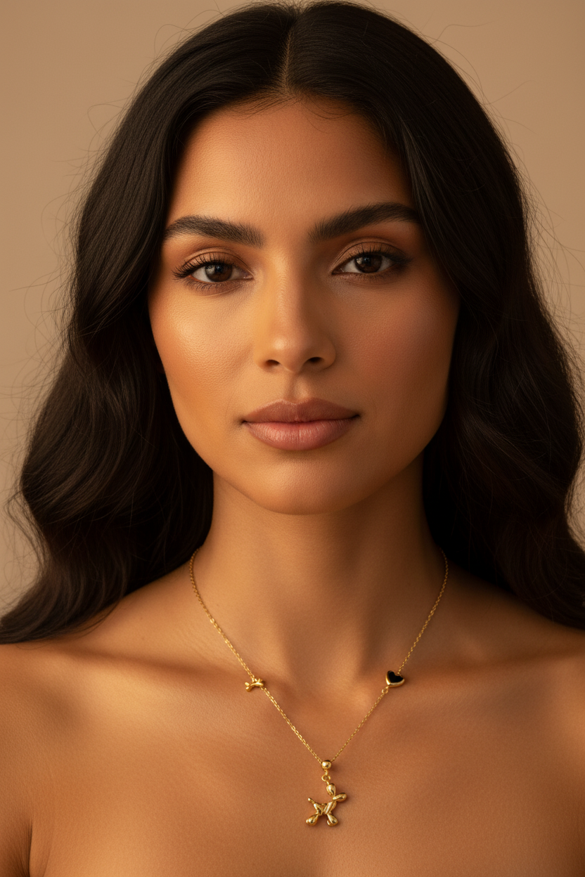 Latina Model Wearing Gold Balloon Dog Necklace
