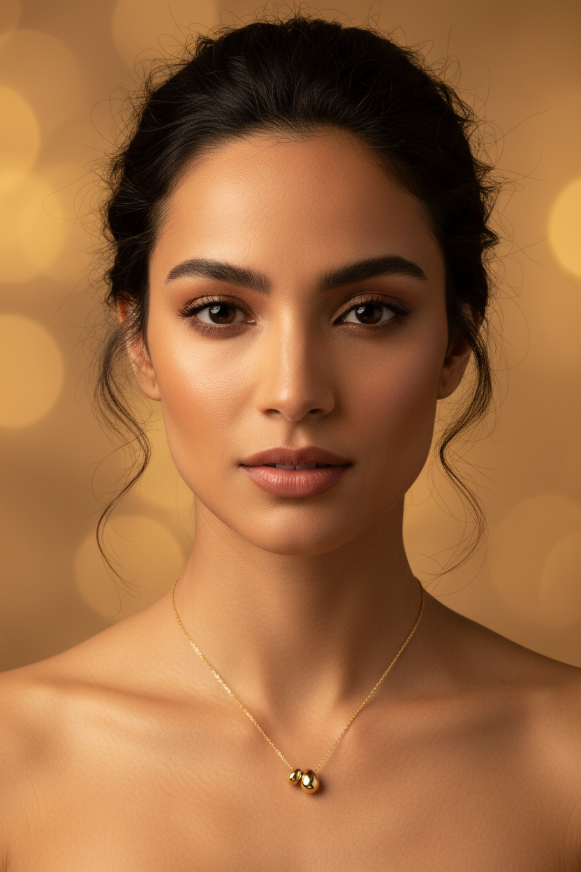 Latina Model Wearing Gold Bean Necklace