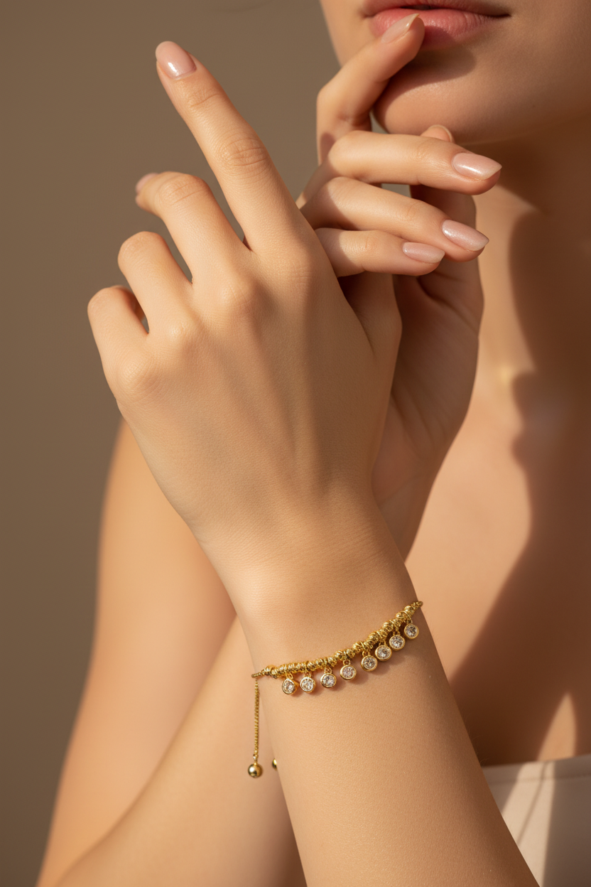Model Wearing Gold Crystal Bezel Bracelet