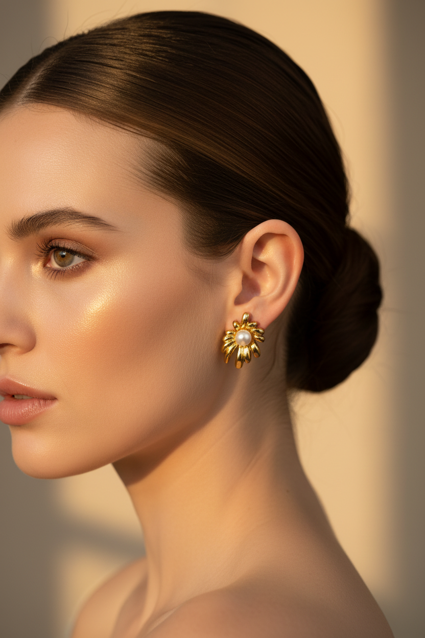 Model Wearing Gold Fan Pearl Earrings