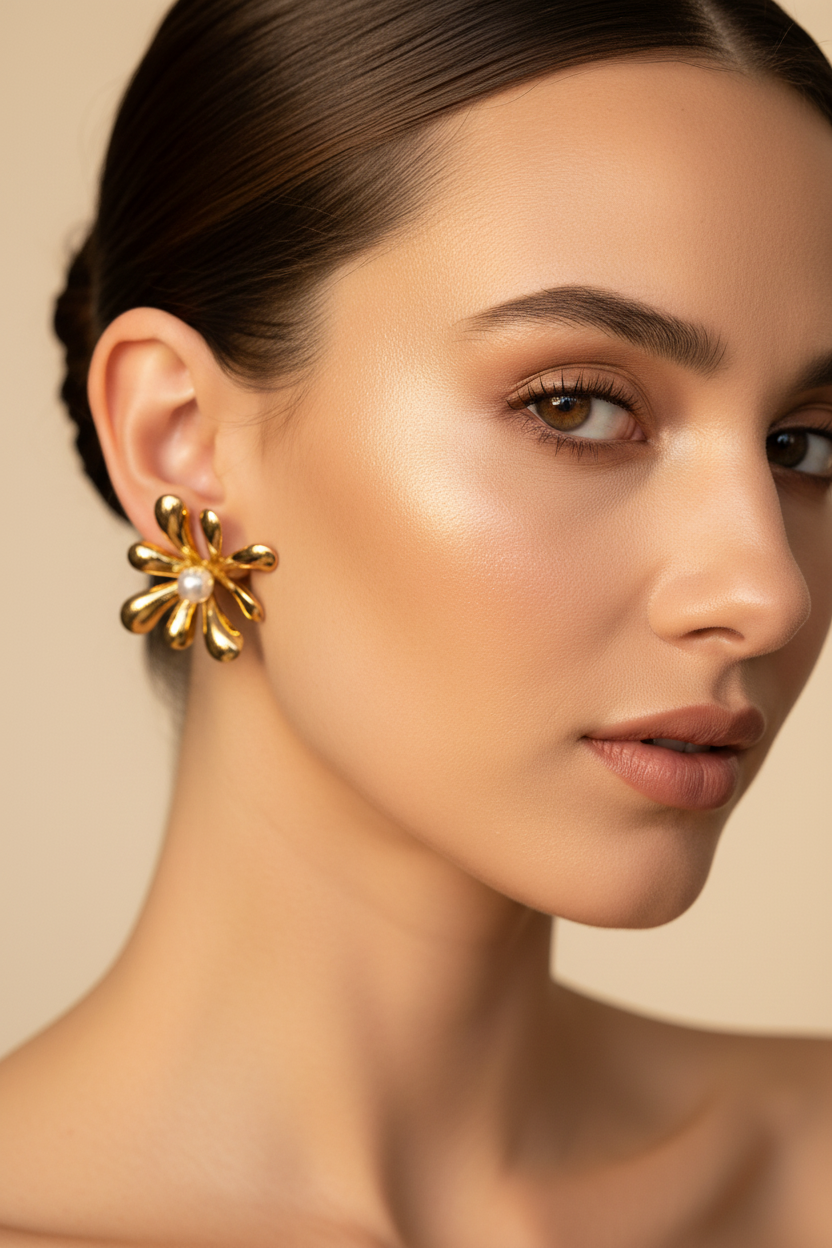 Model Wearing Gold Flower Pearl Earrings