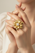 Model Wearing Gold Flower Pearl Ring