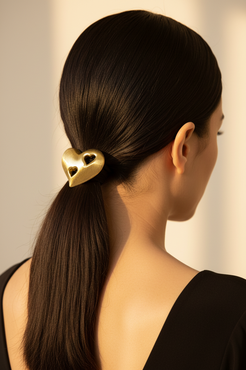 Model Wearing Gold Heart Hair Tie