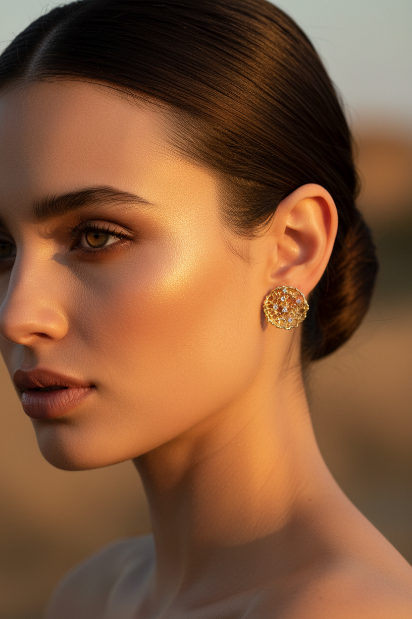 Model Wearing Gold Lace Mesh Earrings