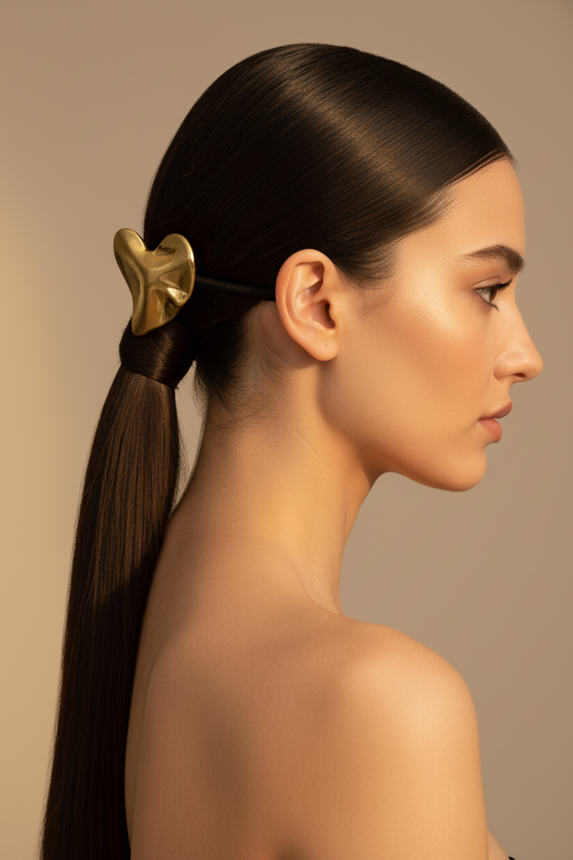 Model Wearing Gold Puffy Heart Hair Tie