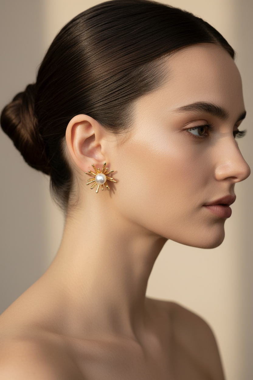 Model Wearing Gold Sunburst Pearl Earrings
