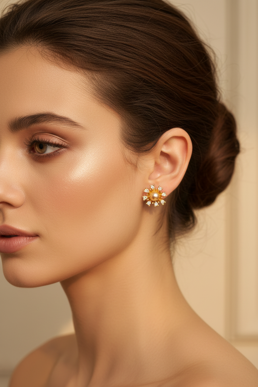 Model Wearing Gold Sunburst Pearl Earrings