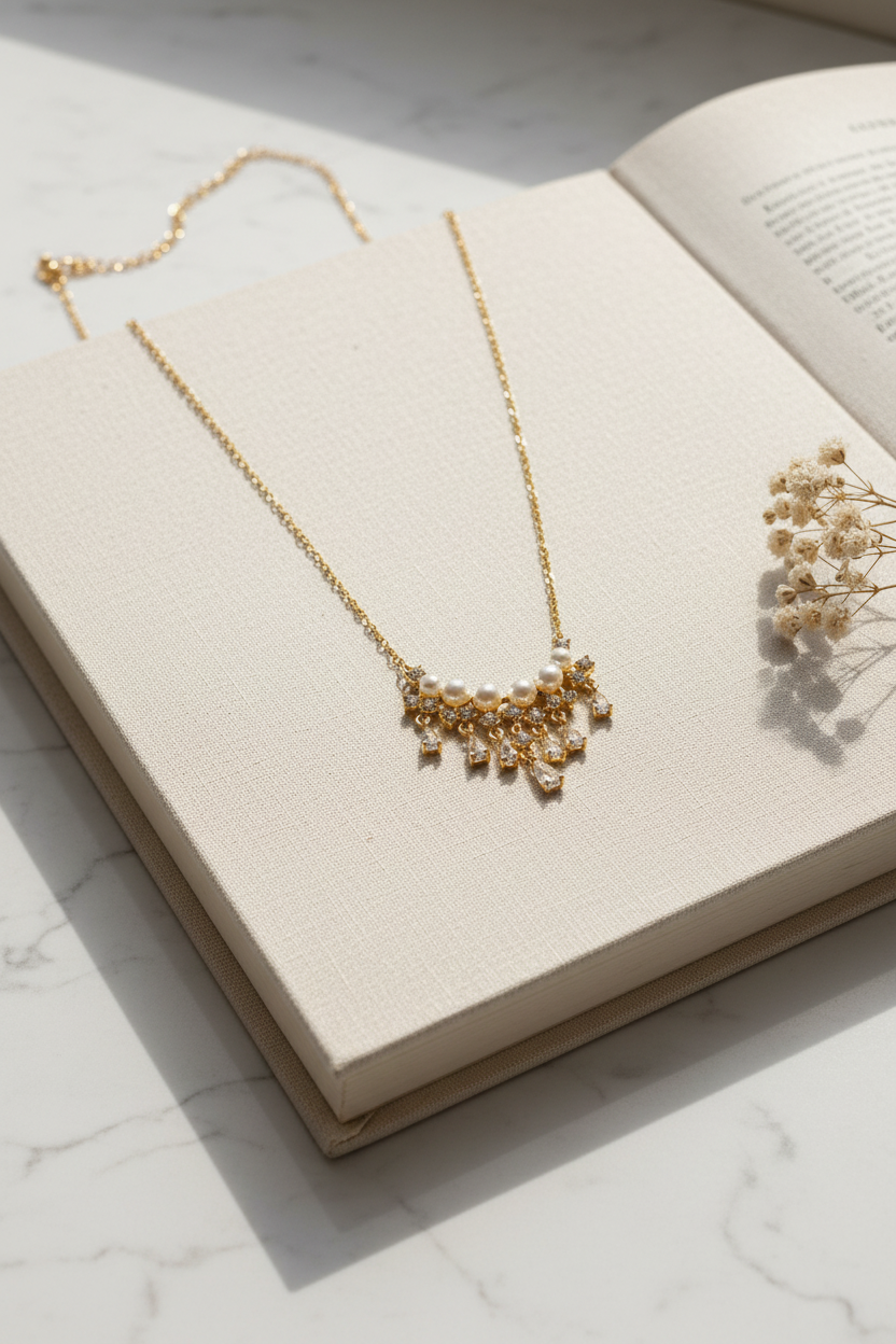 Pearl Crystal Fringe Necklace - Book
